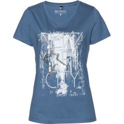 T-shirt bonprix niebieski dżins - biały. Niebieskie t-shirty damskie bonprix, z nadrukiem, bez kołnierzyka. Za 34,99 zł.