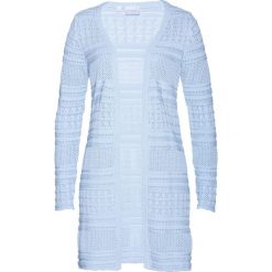 Kardigan z domieszką lnu bonprix pudrowy niebieski. Fioletowe swetry damskie bonprix, bez wzorów, bez rękawów, bez kaptura. Za 129,99 zł.