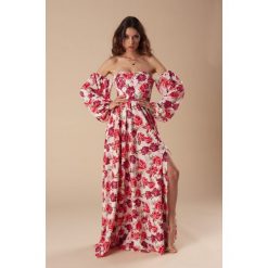 Sukienka maxi z gorsetową górą i bufiastymi rękawami. Sukienki damskie Made in Poland, bez wzorów, z poliesteru, bez kołnierzyka, bez rękawów, maxi, gorsetowe. Za 469,00 zł.