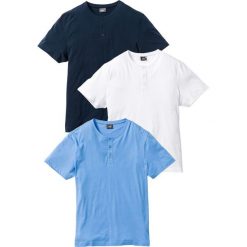 Shirt z dekoltem henley (3 szt.) bonprix niebieski + biały + ciemnoniebieski. Niebieskie koszulki męskie bonprix, s, bez wzorów, bez kołnierzyka, bez rękawów. Za 98,97 zł.