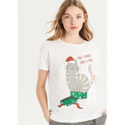 T-shirt ze świątecznym kotem - Biały. Białe t-shirty damskie Sinsay, l. Za 24,99 zł.