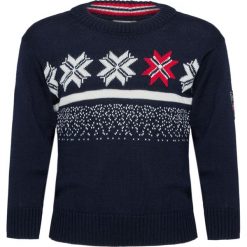 Sweter DALE OF NORWAY OLYMPIC PASSION JR. Niebieskie swetry chłopięce Dale of Norway, na zimę, z aplikacjami, z wełny, z okrągłym kołnierzem. W wyprzedaży za 348,00 zł.