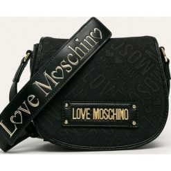 Love Moschino - Torebka. Czarne listonoszki damskie Love Moschino, w paski, ze skóry ekologicznej, na ramię, małe, z aplikacjami. W wyprzedaży za 529,90 zł.