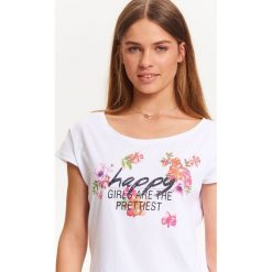 T-SHIRT DAMSKI Z NADRUKIEM. Białe t-shirty damskie TROLL, s, z nadrukiem, z jeansu, z okrągłym kołnierzem. W wyprzedaży za 19,99 zł.