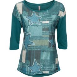 Shirt z dżinsowym nadrukiem bonprix niebieskozielony. Niebieskie koszulki damskie marki bonprix, z nadrukiem, bez kołnierzyka. Za 21,99 zł.
