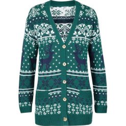 Sweter rozpinany w norweski wzór bonprix zielony. Zielone swetry damskie bonprix, bez wzorów, bez rękawów, bez kaptura. Za 54,99 zł.