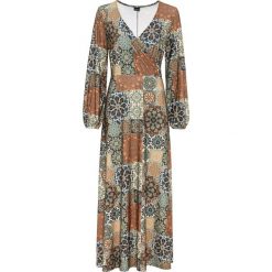 Długa sukienka z efektem założenia kopertowego bonprix oliwkowo-pomarańczowy "paisley". Zielone sukienki damskie bonprix, bez wzorów, bez kołnierzyka, z długim rękawem, długie, maxi, kopertowe. Za 169,99 zł.