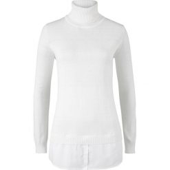 Sweter z golfem i wstawką z tkaniny bonprix biel wełny. Białe swetry damskie bonprix, bez wzorów, z wełny, bez rękawów. Za 74,99 zł.