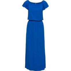 Sukienka shirtowa z dekoltem "carmen" bonprix lazurowy. Niebieskie sukienki damskie bonprix, bez wzorów, z materiału, bez kołnierzyka, bez rękawów. Za 69,99 zł.