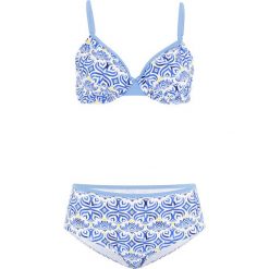 Bikini na fiszbinach (2 części) bonprix niebiesko-biało-żółty. Niebieskie stroje kąpielowe damskie bonprix, z nadrukiem. Za 79,99 zł.