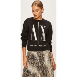 Armani Exchange - Bluza. Niebieskie bluzy damskie Armani Exchange, s, z aplikacjami, z elastanu, bez rękawów, bez kaptura. W wyprzedaży za 279,90 zł.