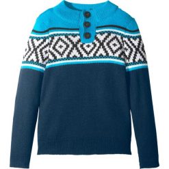 Swetry chłopięce: Sweter norweski z guzikami bonprix ciemnoniebiesko-naturalny melanż- turkusowy