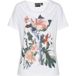 Shirt bonprix biały z nadrukiem. Białe koszulki damskie bonprix, z nadrukiem, z dzianiny, bez kołnierzyka, bez rękawów. Za 39,99 zł.
