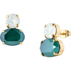 Pozłacane kolczyki-wkrętki z kryształkami Swarovski. Zielone kolczyki damskie marki Destellos, z kryształem, metalowe. W wyprzedaży za 77,95 zł.