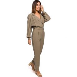 Kombinezon z paskiem - khaki. Brązowe kombinezony damskie Style, na imprezę, s, w paski, z poliesteru, z wykładanym kołnierzem, bez rękawów. Za 279,00 zł.
