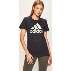 Adidas Performance - T-shirt. Niebieskie topy damskie adidas Performance, s, z nadrukiem, z bawełny, z okrągłym kołnierzem. Za 99,90 zł.