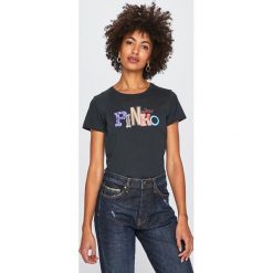 Pinko - Top. Czarne bluzki damskie marki Pinko, s, z nadrukiem, z bawełny, z okrągłym kołnierzem, z krótkim rękawem. Za 429,90 zł.