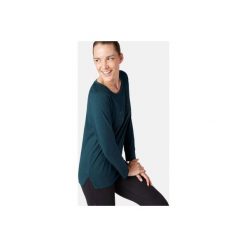 Koszulka długi rękaw Gym & Pilates 500 damska niebieska z nadrukiem. Niebieskie koszulki damskie DOMYOS, m, z nadrukiem, z elastanu, bez kołnierzyka. Za 39,99 zł.
