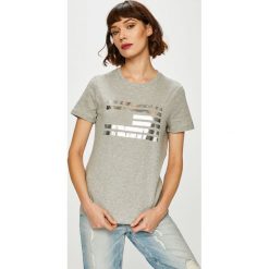 Tommy Hilfiger - Top. Szare bluzki damskie TOMMY HILFIGER, s, z nadrukiem, z bawełny, z okrągłym kołnierzem. W wyprzedaży za 129,90 zł.