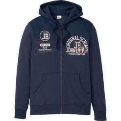 Bluza rozpinana z kapturem bonprix ciemnoniebieski z nadrukiem. Niebieskie bluzy męskie bonprix, s, z nadrukiem, z kapturem, bez rękawów, z kapturem. Za 109,99 zł.