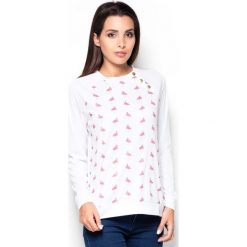Bluza z Wzorzystym Przodem we Flamingi. Białe podkoszulki damskie marki Molly.pl, s, z nadrukiem, z dzianiny, bez kołnierzyka, z długim rękawem. Za 139,90 zł.