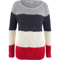 Sweter w paski bonprix biel wełny - czerwono- jasnoszary melanż - ciemnoniebieski w paski. Białe swetry klasyczne damskie bonprix, z wełny. Za 74,99 zł.