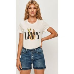 Levi's - T-shirt. Białe bluzki damskie Levi's®, s, z nadrukiem, z bawełny, casualowe, z okrągłym kołnierzem. Za 129,90 zł.