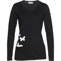 Sweter rozpinany bonprix czarno-biały. Czarne swetry damskie bonprix, z nadrukiem, klasyczne, bez rękawów, bez kaptura. Za 89,99 zł.