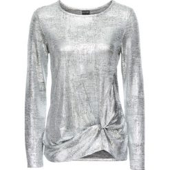 Shirt z połyskiem i przewiązaniem bonprix srebrny metaliczny. Szare bluzki damskie bonprix, bez wzorów, eleganckie, bez kołnierzyka, bez rękawów. Za 59,99 zł.