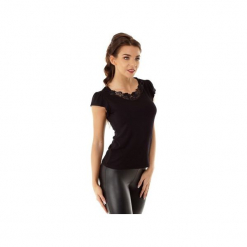 Bluzka Ines z wstawką na dekolcie czarna ED016-2. Czarne bluzki damskie marki Ella dora, s, z elastanu, eleganckie, z falbankami. Za 139,00 zł.