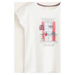 Mango Kids - Top dziecięcy Balcony 110-164 cm. Białe bluzki dziewczęce Mango Kids, z nadrukiem, z bawełny, z okrągłym kołnierzem, z krótkim rękawem, krótkie, bez kaptura. Za 49,90 zł.