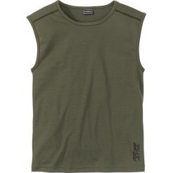 Koszulka funkcyjna bez rękawów Slim Fit bonprix ciemnooliwkowy. Zielone koszulki męskie bonprix, m, z nadrukiem, z kontrastowym kołnierzykiem, bez rękawów. Za 24,99 zł.
