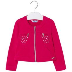 Bluza w kolorze ciemnoróżowym. Różowe bluzy niemowlęce Mayoral, bez wzorów, bez rękawów, bez kaptura. W wyprzedaży za 94,95 zł.