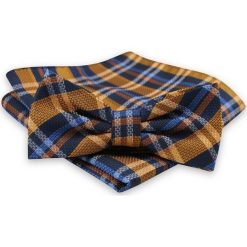 Granatowo-Żółta Mucha Męska -ALTIES- z Taką Samą Poszetką, w Kratkę MUALTS0559. Żółte muszki męskie Alties, na imprezę, w paski, eleganckie. Za 39,00 zł.