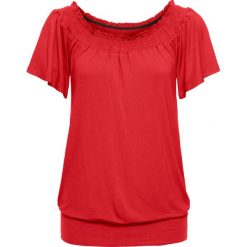 Shirt z dekoltem "carmen" bonprix truskawkowy. Czerwone koszulki damskie bonprix, bez wzorów, bez kołnierzyka, bez rękawów. Za 54,99 zł.