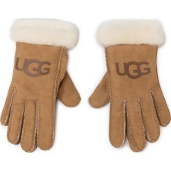 Rękawiczki Damskie UGG - W Sheepskin Logo Glove 18691 Chestnut. Brązowe rękawiczki damskie Ugg, bez wzorów, z wełny. W wyprzedaży za 499,00 zł.