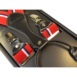 Czerwone szelki męskie XXL z biało-granatowym paskiem XXL4 SZ84. Czerwone szelki męskie Modini Moda Męska. W wyprzedaży za 49,51 zł.