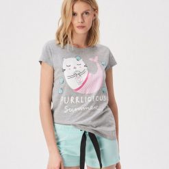 Piżama dwuczęściowa Purrlicious - Jasny szar. Szare piżamy damskie Sinsay, s, bez wzorów, bez rękawów. Za 39,99 zł.