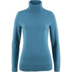 Sweter bawełniany z golfem bonprix niebieski dżins. Niebieskie swetry damskie bonprix, bez wzorów, z bawełny, bez rękawów. Za 59,99 zł.