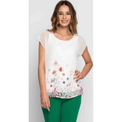 Luźna bluzka w kwiaty BIALCON. Białe bluzki damskie BIALCON, w kwiaty, z tkaniny, casualowe, bez kołnierzyka, bez rękawów. Za 169,00 zł.