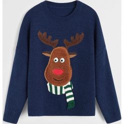 Mango Kids - Sweter dziecięcy Deer 110-164 cm. Niebieskie swetry chłopięce Mango Kids, bez wzorów, z dzianiny, z okrągłym kołnierzem. Za 99,90 zł.