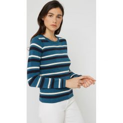 Sweter w kolorze niebiesko-czarno-białym. Niebieskie swetry damskie Rodier, w paski, z bawełny, klasyczne, bez rękawów, bez kaptura. W wyprzedaży za 99,95 zł.
