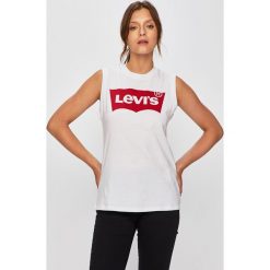 Levi's - Top. Białe bluzki damskie Levi's®, s, z nadrukiem, z bawełny, z okrągłym kołnierzem, bez rękawów. W wyprzedaży za 69,90 zł.