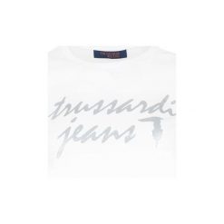 T-shirt Trussardi Jeans. Niebieskie koszulki damskie Trussardi Jeans, na co dzień, bez wzorów, z jeansu, z włoskim kołnierzykiem, bez rękawów. Za 199,00 zł.