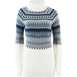 Sweter z golfem i perełkami bonprix biel wełny - ciemnoniebieski wzorzysty. Białe swetry damskie bonprix, bez wzorów, z wełny, bez rękawów, bez kaptura. Za 74,99 zł.