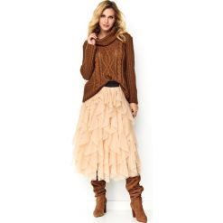 Spódnica tiulowa midi beżowa. Brązowe spódniczki damskie e-margeritka.pl, s, bez wzorów, z tkaniny, eleganckie, krótkie, midi, dopasowane. Za 198,99 zł.