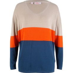 Sweter w szerokie pasy, długi rękaw bonprix szaro-pomarańczowo-niebieski. Szare swetry damskie bonprix, bez wzorów, z długim rękawem, długie, bez kaptura. Za 59,99 zł.