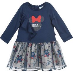 Sukienka dresowa "Minnie Mouse" w kolorze granatowym. Niebieskie sukienki niemowlęce z nadrukiem, z dresówki, rozkloszowane. W wyprzedaży za 42,95 zł.