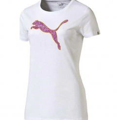 Koszulka w kolorze białym. Białe t-shirty damskie marki Puma, xs, z nadrukiem, z materiału, z okrągłym kołnierzem. W wyprzedaży za 58,95 zł.