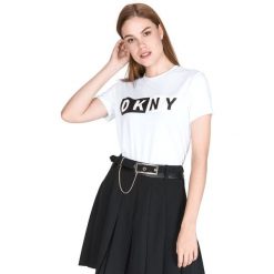 DKNY Koszulka Biały. Białe topy damskie DKNY, m, z nadrukiem, z elastanu, bez kołnierzyka, z krótkim rękawem, krótkie, bez kaptura. Za 195,95 zł.